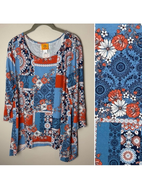 Ruby Rd. Tops - Ruby Rd Tunic Top Sz Large Blue Orange Floral Patchwork Boho 3/4 Sleeves Stretch